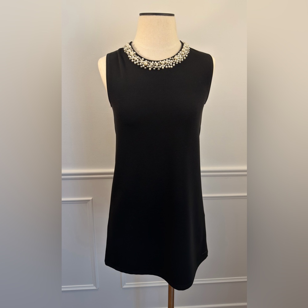 Elegant Black Sleeveless Tunic with Pearl Neckline Detail